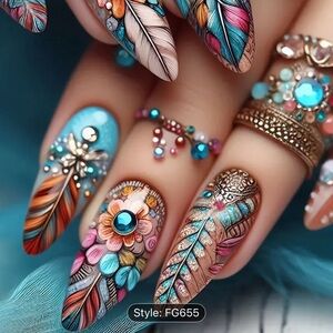 Designer 24Pcs Autumn & Winter Mandala Style Press on Nails Medium Retro Feather
